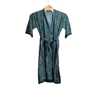 Peruvian Connection Small Teal Geometric Pima Cotton Wrap Robe Kimono Pockets